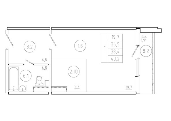 Планировка 1-комн 38,4 м²