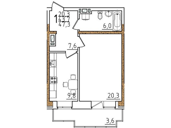 Планировка однокомнатной квартиры 47,3 кв.м