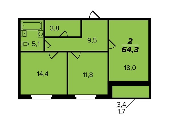 2-комнатная 64,3 кв.м. 1 секция