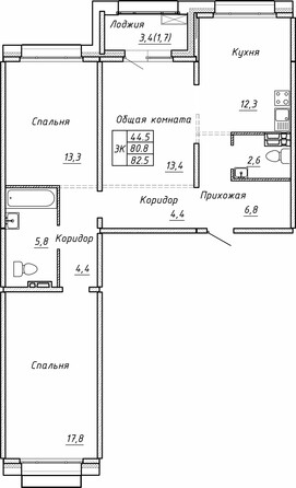 Планировка 3-комн 82,5 м²