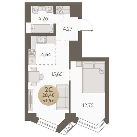 Планировка 2-комн 41,57 м²