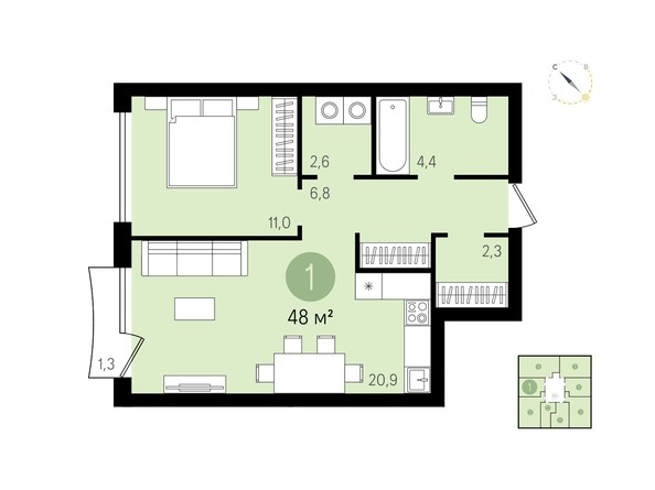 Планировка 1-комнатной квартиры 48 кв.м