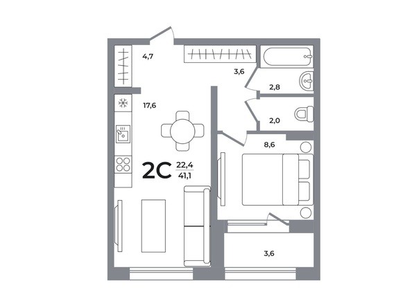 Планировка 2-комн 40,5, 41,1 м²