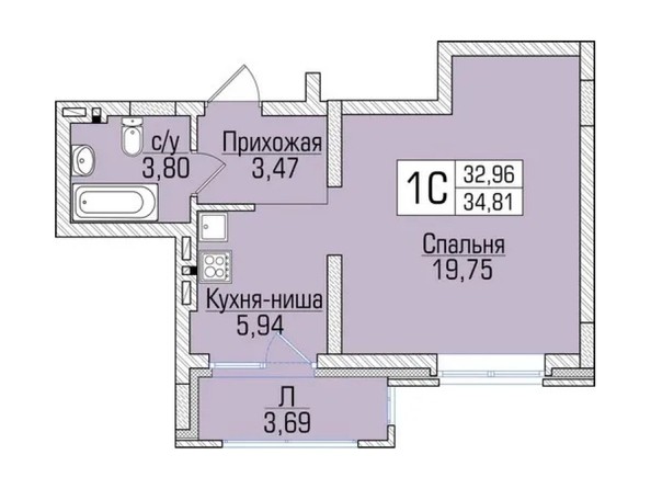 Планировка Студия 34,81 м²