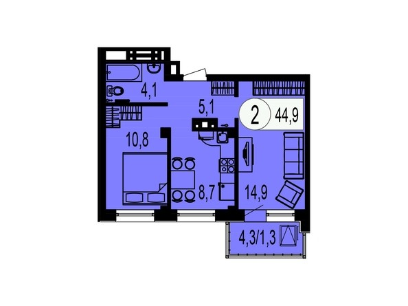 Планировка двухкомнатной квартиры 44,9 кв.м