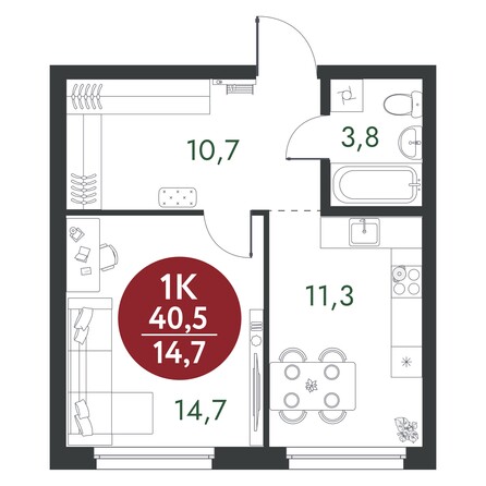 Планировка 1-комн 40,5 м²