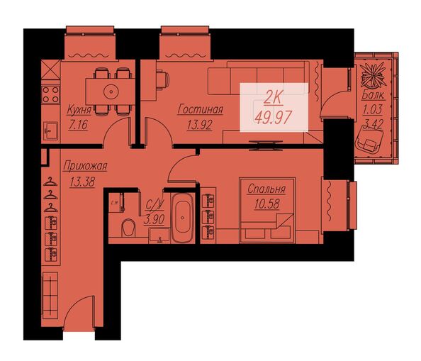 Планировка 2-комн 49,97 м²