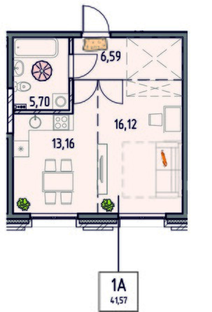 Планировка 1-комн 41,57 м²