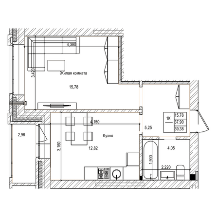 Планировка 1-комн 39,38 м²