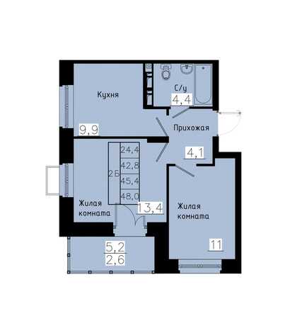 Планировка 2-комн 45,4 м²