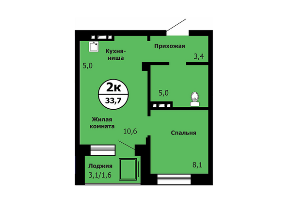 Типовая планировка 2-комнатной квартиры 33,7 кв.м