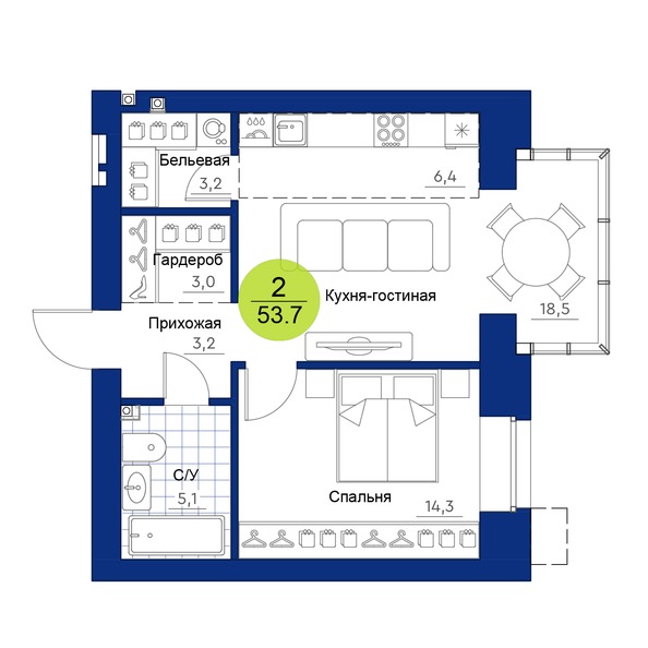 Планировка 2-комн 53,7 м²