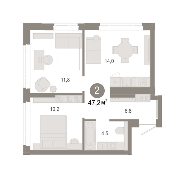 Планировка 2-комн 47,24, 48 м²