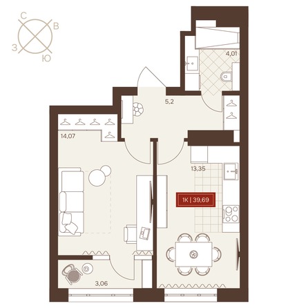 Планировка 1-комн 39,69 - 40,55 м²