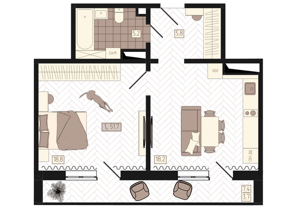 Планировка 1-комн 51,7 м²