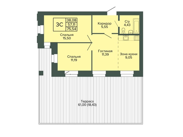 Планировка 3-комн 75,54 м²