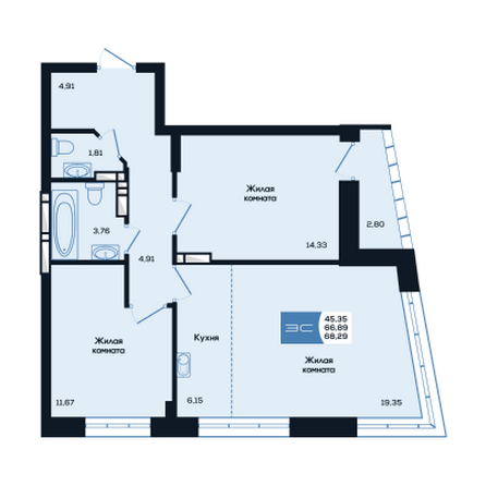 Планировка 3-комн 68,29 - 68,59 м²