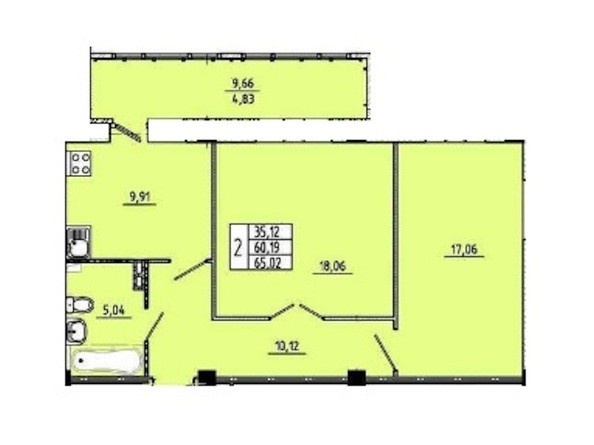 Планировка 2-комнатной квартиры 65,02 кв.м