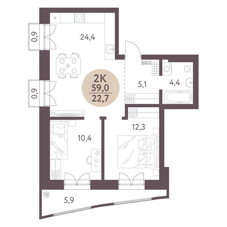 Планировка 2-комн 59 м²