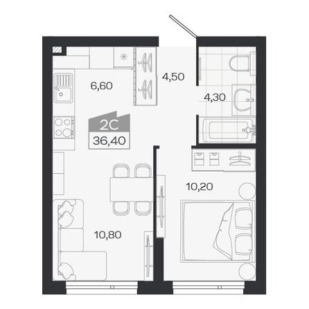 Планировка 2-комн 36,4 м²