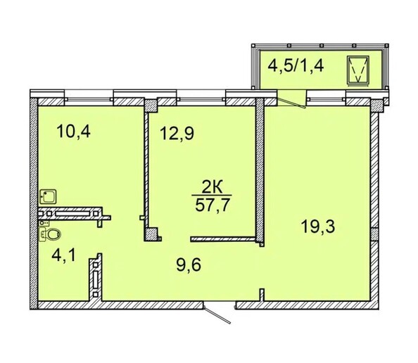 Планировка 2-комн 57 - 57,7 м²
