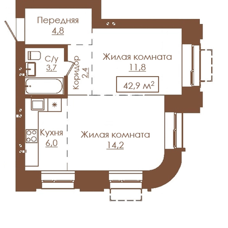 Планировка 2-комн 42,9 м²