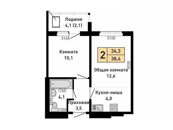 2-комнатная 38.4 кв.м