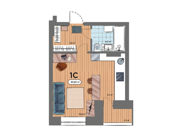 Планировка Студия 30,8 м²