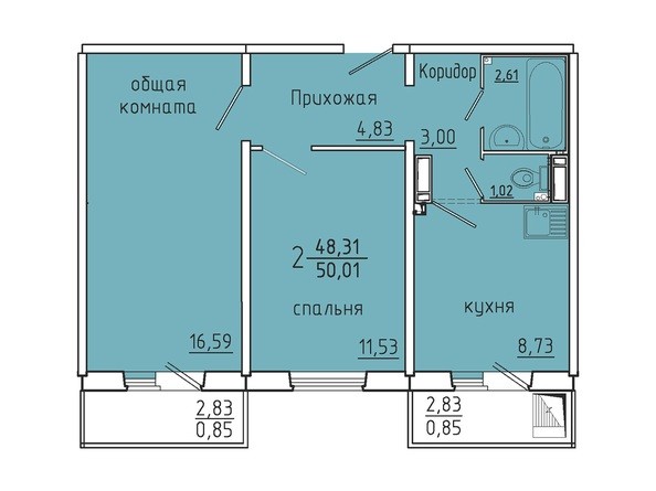 Планировка двухкомнатной квартиры 50,01 кв.м