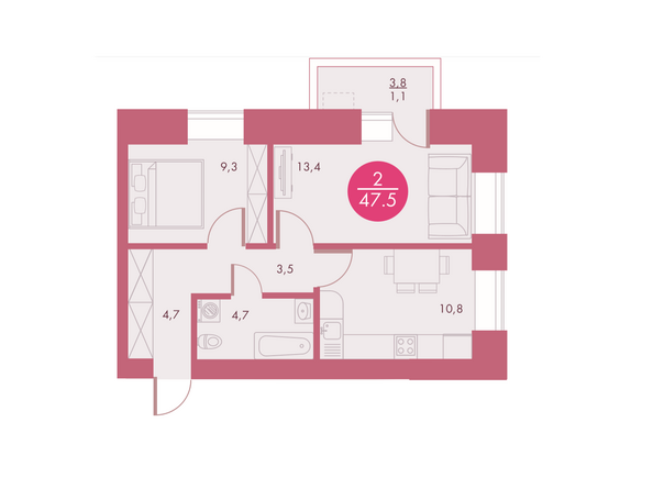 Планировка двухкомнатной квартиры 47,5 кв.м