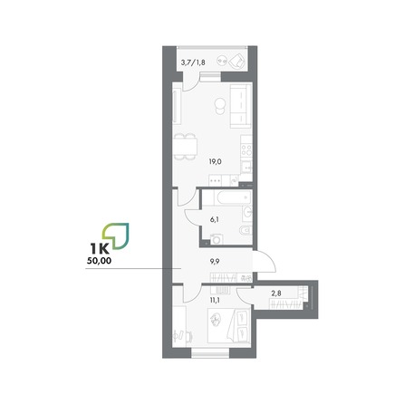 Планировка Студия 50, 50,7 м²
