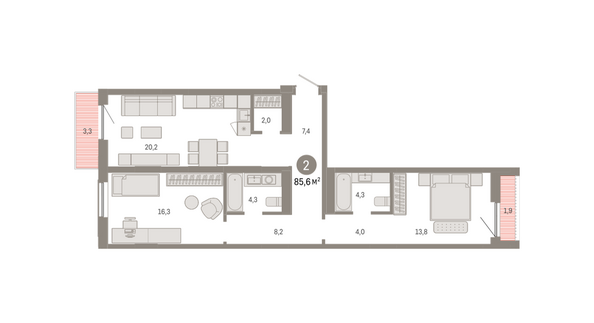 Планировка 2-комн 85,57, 85,64 м²