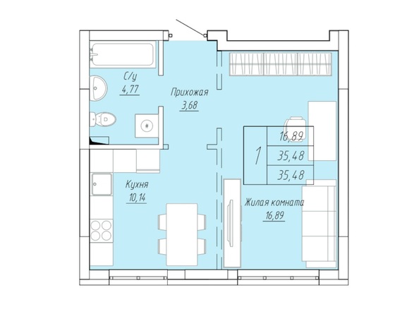 Планировка 1-комн 35,48, 35,5 м²