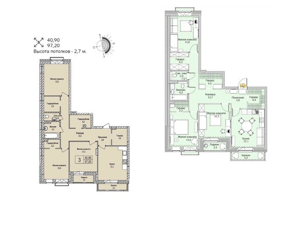 Планировка трехкомнатной квартиры 97,2 кв.м