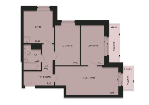 Планировка 3-комн 66,91, 67,24 м²