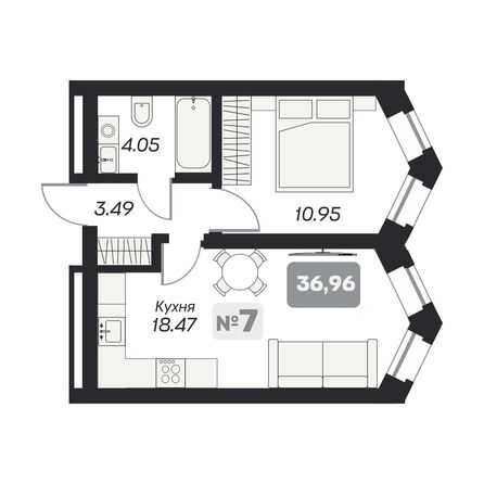 Планировка 1-комн 36,96 - 36,99 м²