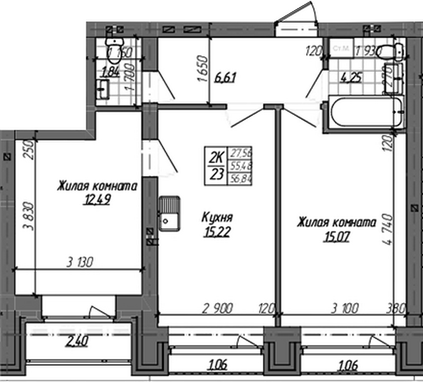 Планировка 2-комн 55,4 м²