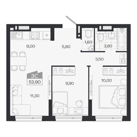 Планировка 3-комн 53,9, 54,1 м²