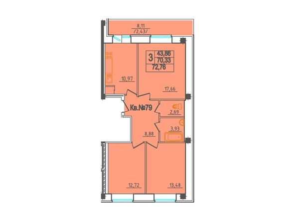 Планировка 3-комнатной квартиры, 72,76 кв.м