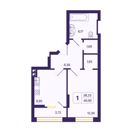 Планировка 1-комн 40,67 - 40,95 м²