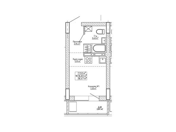 Планировка однокомнатной квартиры 18,47 кв.м