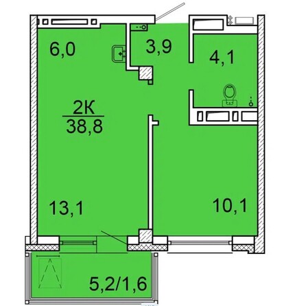 Планировка 2-комн 37,9 - 38,8 м²