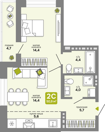 Планировка 2-комн 50,9 м²