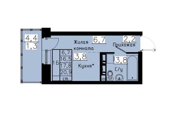 Планировка 1-комн 17,8 м²