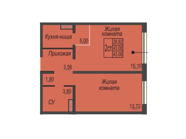 Планировка 1-комн 43,08 м²