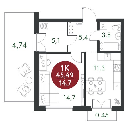 Планировка 1-комн 45,49 м²