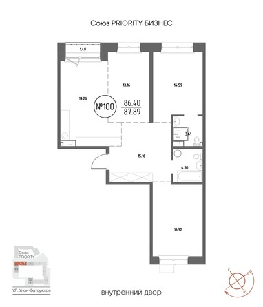 Планировка 3-комн 87,58 - 89,44 м²