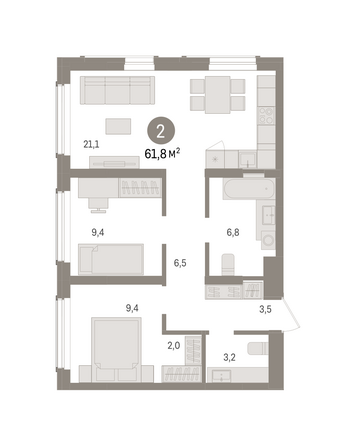 Планировка 2-комн 61,75 м²