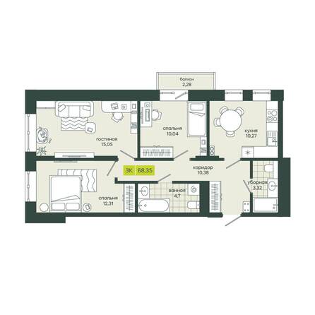 Планировка 3-комн 68,35 м²