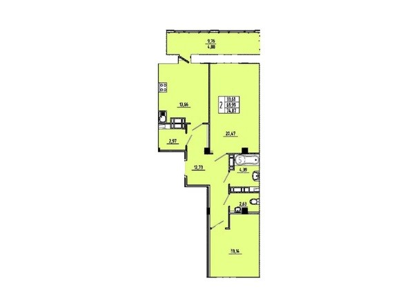 Планировка 2-комнатной квартиры 74,87 кв.м